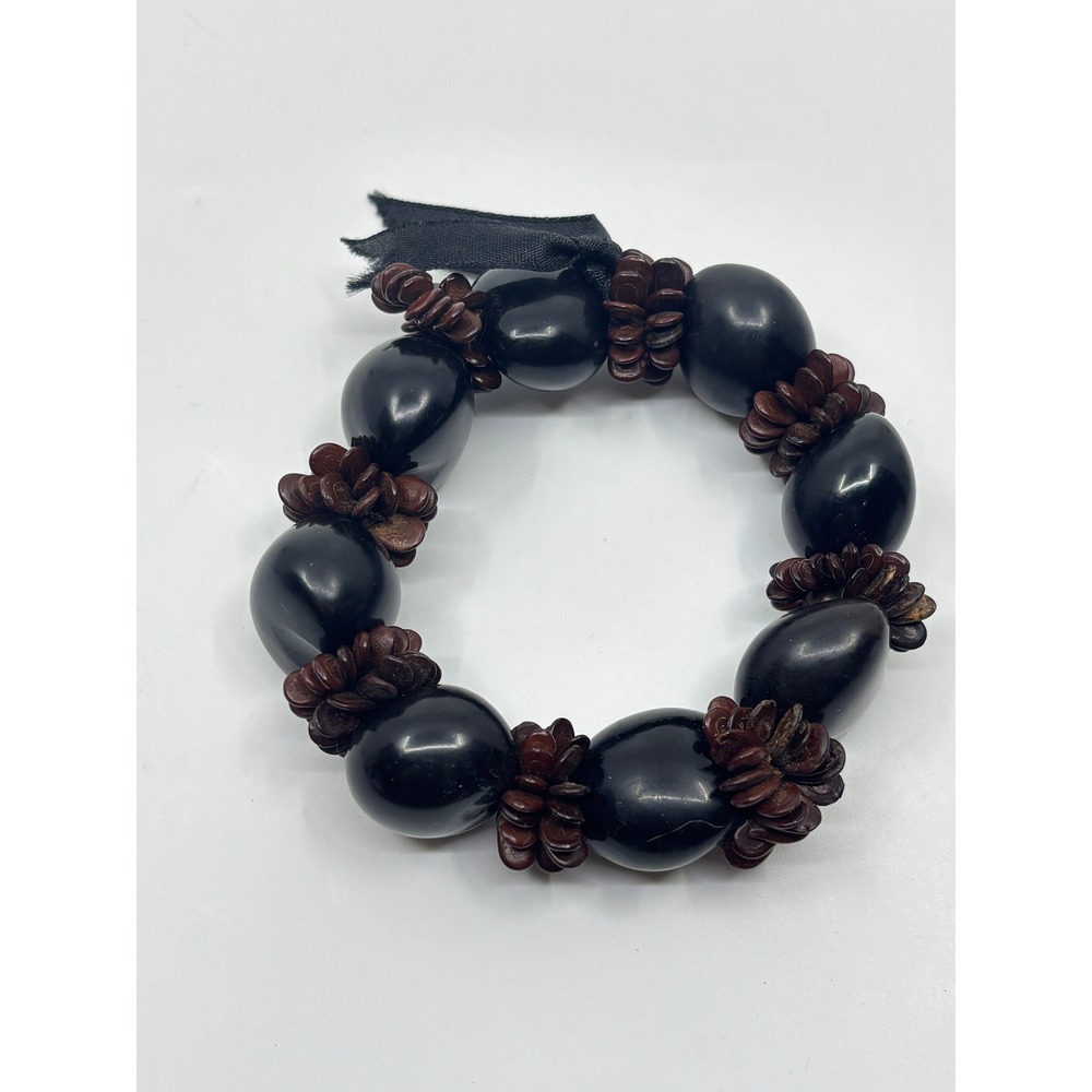 Black Kukui Nut Stretch Bracelet Brown Seed Spacers Ribbon Bow Hawaiian Style